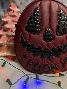 Handcrafted Double-Sided "Boo/ Spooky" Bag: Wine and Black Croc