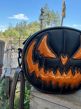 Load image into Gallery viewer, Pumpkin Kult : Orange Stitching Small Crypt crossbody bag black and glitter Orange