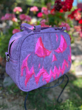 Load image into Gallery viewer, Hand Crafted : Mean Scarface Pumpkin Handbag Lavender Print and high shine Pink glitter
