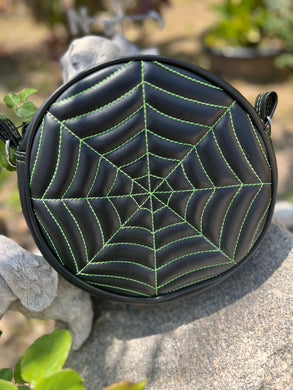 Handcrafted: Double sided Spiderweb Bag -Black with Green stitching