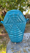 Load image into Gallery viewer, Handcrafted Spiderweb Coffin bag- Glitter Blue
