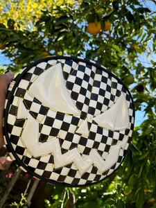 Hand Crafted Mean Pumpkin Checkered and white Patent vinyl