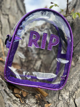 Load image into Gallery viewer, Hand crafted clear Mini RIP bag purple glitter