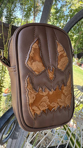 Handcrafted Small Happy Face Belt Bag : Floral Tapestry and Brown