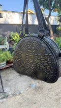 Load image into Gallery viewer, Handcrafted MissChievous Handbag- Black Croc with Gold Accents and Patent Black Vinyl