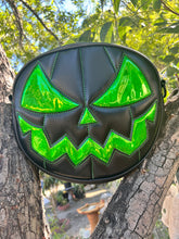 Load image into Gallery viewer, Handcrafted Mean Face Bag: Matte Black &amp; high shine green Glitter