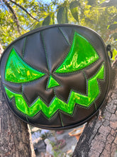 Load image into Gallery viewer, Handcrafted Mean Face Bag: Matte Black &amp; high shine green Glitter
