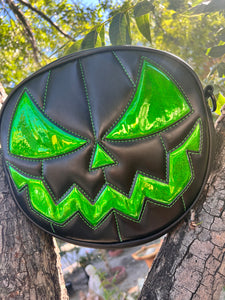 Handcrafted Mean Face Bag: Matte Black & high shine green Glitter