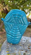 Load image into Gallery viewer, Handcrafted Spiderweb Coffin bag- Glitter Blue