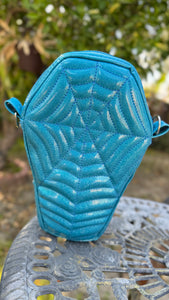 Handcrafted Spiderweb Coffin bag- Glitter Blue