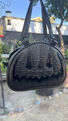 Handcrafted MissChievous Handbag- Black Croc with Gold Accents and Patent Black Vinyl