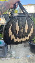 Load image into Gallery viewer, Handcrafted Too Bad Pumpkin bag Black Croc with Gold accents and champagne