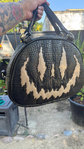 Handcrafted Too Bad Pumpkin bag Black Croc with Gold accents and champagne
