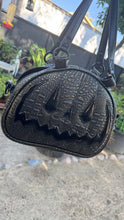 Load image into Gallery viewer, Handcrafted MissChievous Handbag- Black Croc with Gold Accents and Patent Black Vinyl