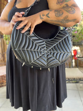 Load image into Gallery viewer, Handcrafted Spiked Spooky bag Glow in the Dark with spiderwebs