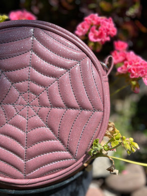 Handcrafted: Double sided Spiderweb Bag -Pink Glitter with grey stitching