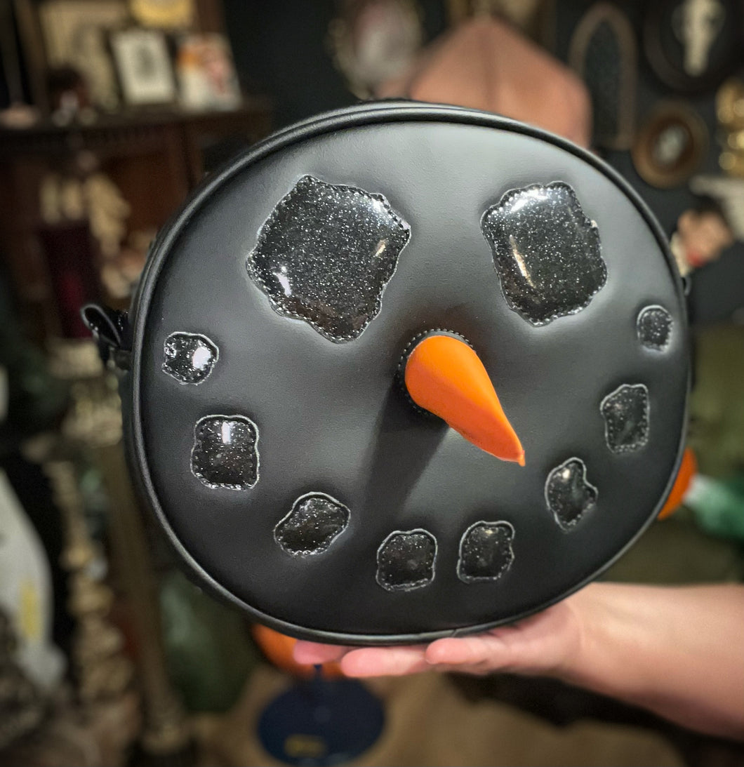 Handcrafted Goth Snowman bag: Black with glitter black and orange nose