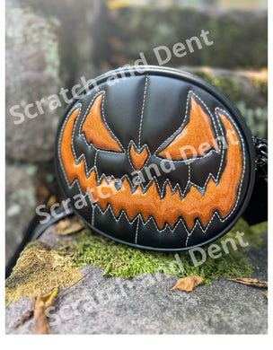 Scratch and Dent Pumpkin Kult : Small Crypt crossbody bag black and glitter Orange white stitching Final Sale