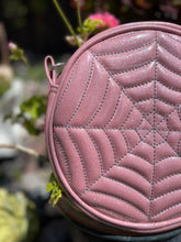Load image into Gallery viewer, Handcrafted: Double sided Spiderweb Bag -Pink Glitter with grey stitching