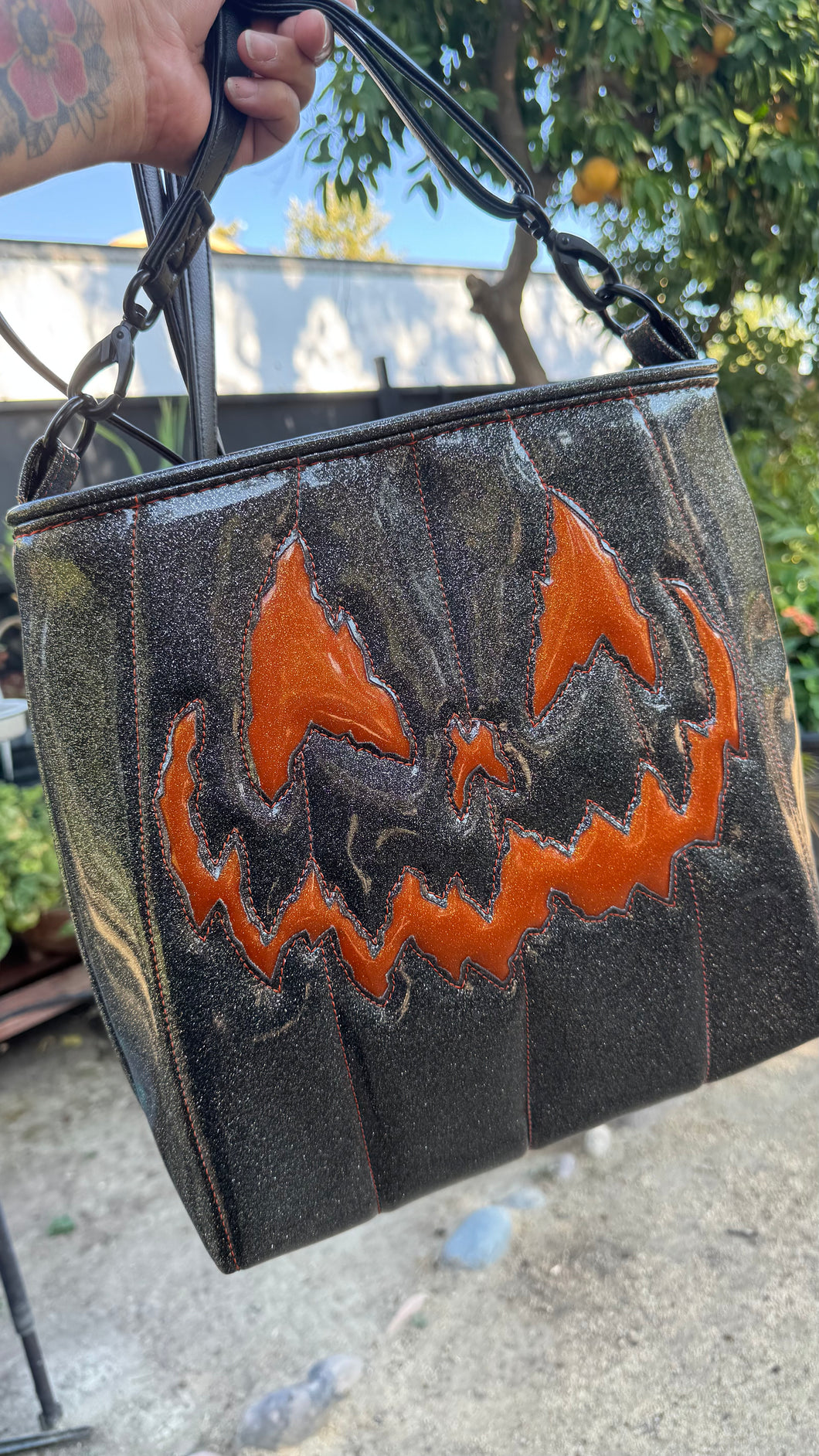 Hand Crafted La Araña grey Glitter and Orange Glitter crossbody bag