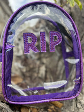 Load image into Gallery viewer, Hand crafted clear Mini RIP bag purple glitter
