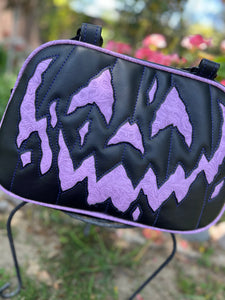 Hand Crafted : Pumpkin Happy Scar face HandBag Black and Embossed Lavender Print