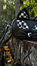 Load image into Gallery viewer, Hand Crafted : Small square Bag Black Halloween kitty Kitten black checkered