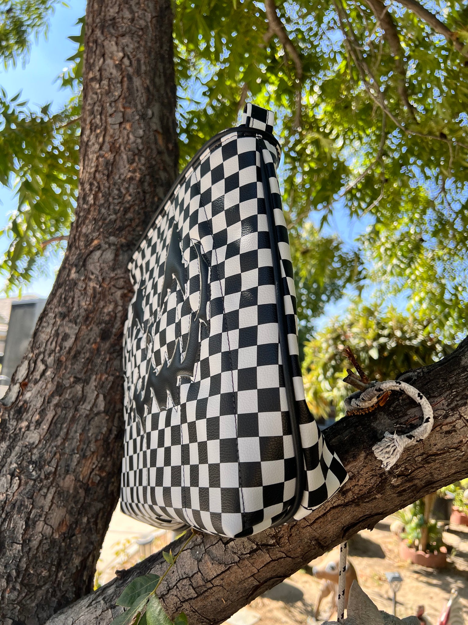 Hand Crafted La Arana Black and White checkered crossbody bag Love Pain and Stitches