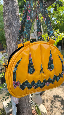 Handcrafted MissChievous Handbag- Patent Yellow and floral material