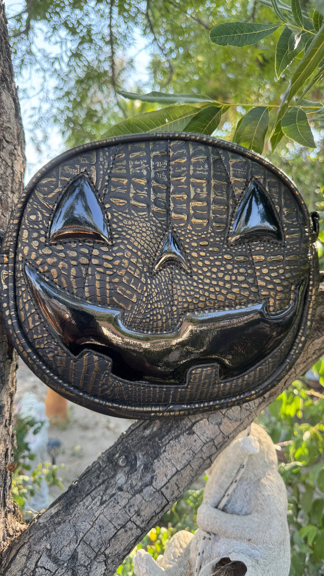 Hand Crafted : Happy face Black croc and champagne