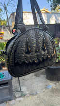 Load image into Gallery viewer, Handcrafted MissChievous Handbag- Black Croc with Gold Accents and Patent Black Vinyl