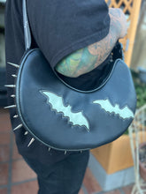 Load image into Gallery viewer, Handcrafted Spiked Spooky bag black with glow in the dark bats