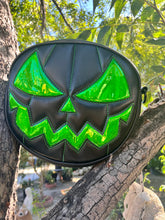 Load image into Gallery viewer, Handcrafted Mean Face Bag: Matte Black &amp; high shine green Glitter