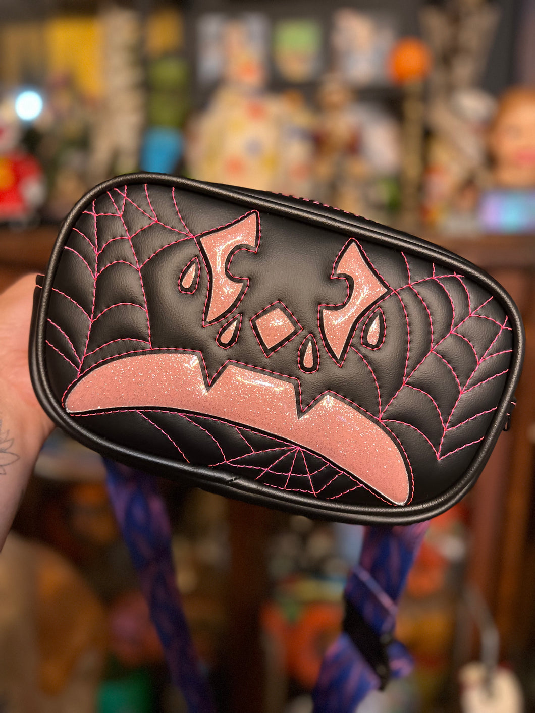 Hand Crafted : Small square sad pumpkin Bag Black and pink