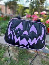 Load image into Gallery viewer, Hand Crafted : Pumpkin Happy Scar face HandBag Black and Embossed Lavender Print
