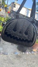 Load image into Gallery viewer, Handcrafted MissChievous Handbag- Black Croc with Gold Accents and Patent Black Vinyl