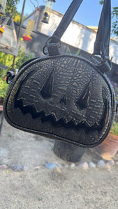Handcrafted MissChievous Handbag- Black Croc with Gold Accents and Patent Black Vinyl