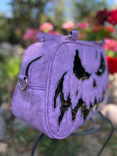 Load image into Gallery viewer, Hand Crafted : Mean Scarface Pumpkin Handbag Lavender embossed Print and Patent Black