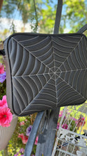Load image into Gallery viewer, Handcrafted Square Double sided Spider Web Horror Business bag Charcoal with white stitches