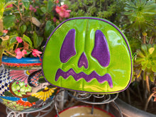 Load image into Gallery viewer, Handcrafted Scared stiff Pumpkin bag Green Glitter and purple glitter -Crossbody-Discontinued