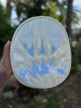Load image into Gallery viewer, Handcrafted Scaredy Cat Bag: White glitter and Blue Cow print