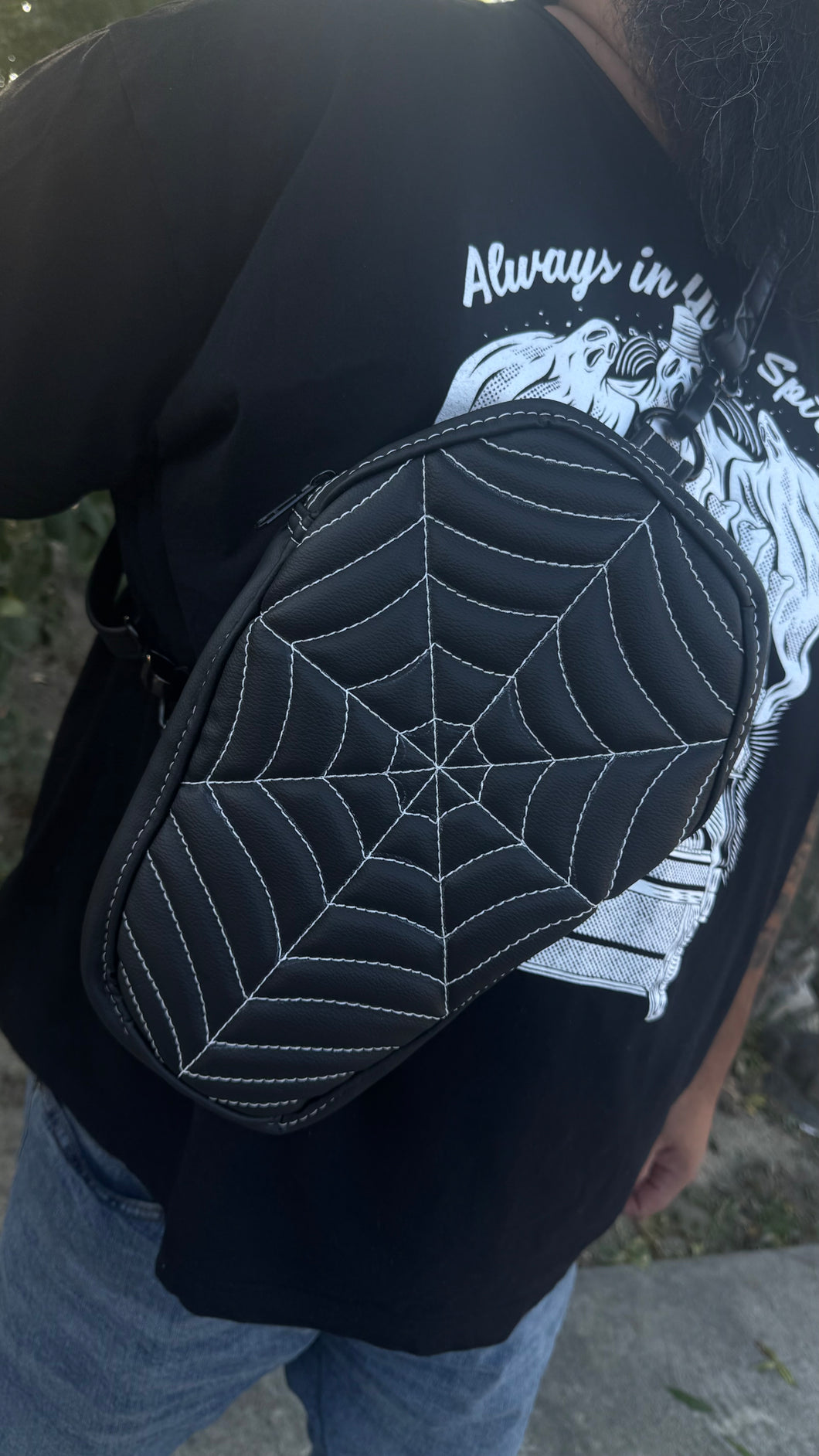 Handcrafted Spiderweb Coffin sling bag-Black