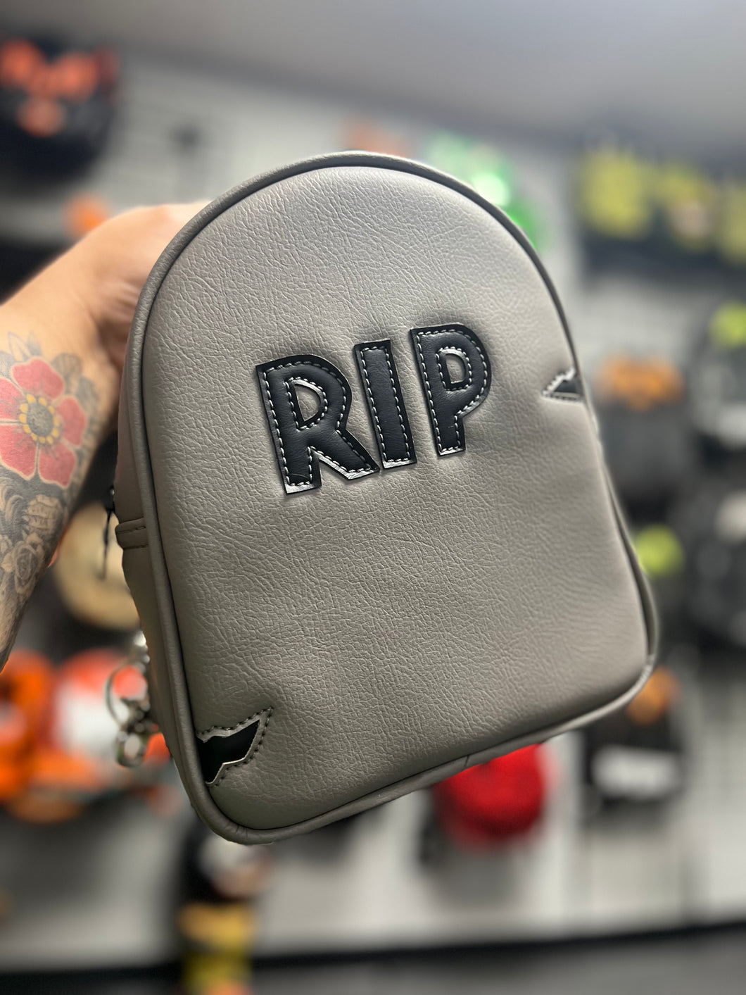 Hand Crafted : Small Grey RIP HEADSTONE back pack