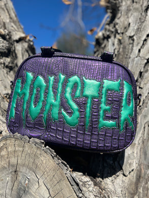 Hand Crafted : Monster Handbag Purple Croc and Metalic teal
