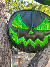 Load image into Gallery viewer, Handcrafted Mean Face Bag: Matte Black &amp; high shine green Glitter