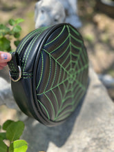 Load image into Gallery viewer, Handcrafted: Double sided Spiderweb Bag -Black with Green stitching