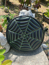 Load image into Gallery viewer, Handcrafted: Double sided Spiderweb Bag -Black with Green stitching