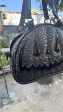 Load image into Gallery viewer, Handcrafted MissChievous Handbag- Black Croc with Gold Accents and Patent Black Vinyl