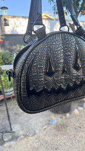 Handcrafted MissChievous Handbag- Black Croc with Gold Accents and Patent Black Vinyl