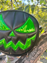 Load image into Gallery viewer, Handcrafted Mean Face Bag: Matte Black &amp; high shine green Glitter